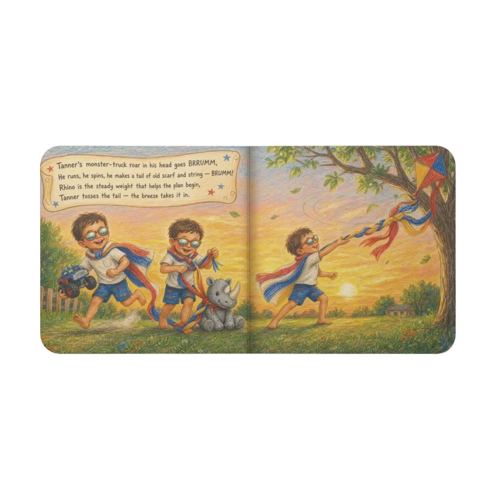 TinyStar personalized board book — open spread, kite rescue adventure