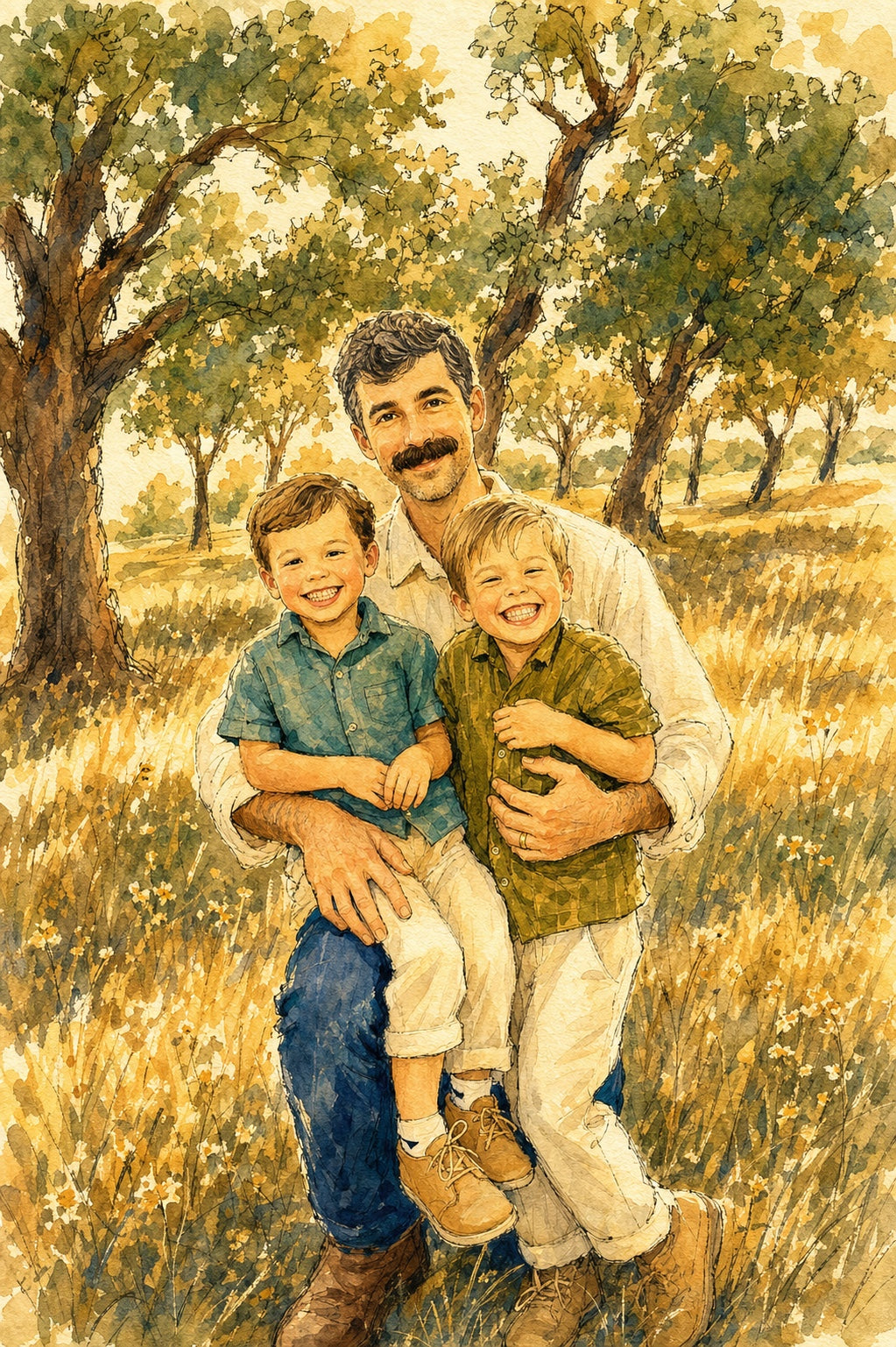 Ink and watercolor illustration of the TinyStar Books founder with his children in the Texas Hill Country